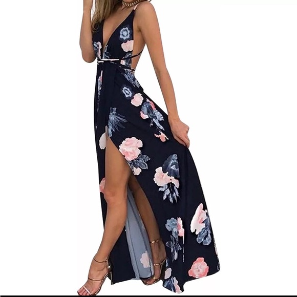 SIMPLEE Women Backless V Neck Floral Split Maxi Dress, Size M boho beach stretch - Picture 2 of 9